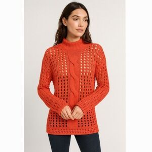 Free People Orange Open Knit Cable Sweater Cotton Angora Pullover XS Boho Cozy